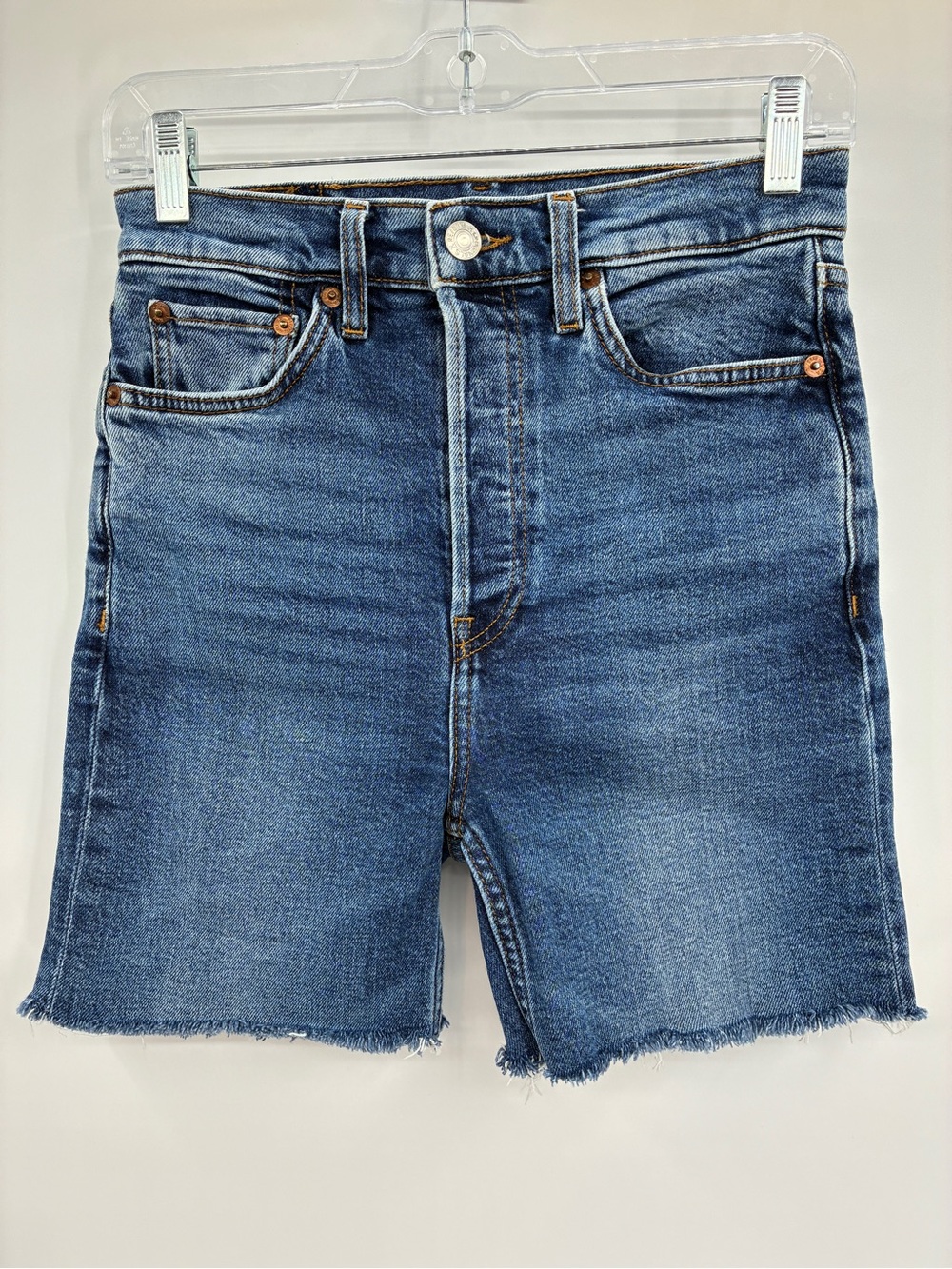 RE/DONE Womens Denin Jean Button Fly Shorts High Waist Size 25 Measures 26”